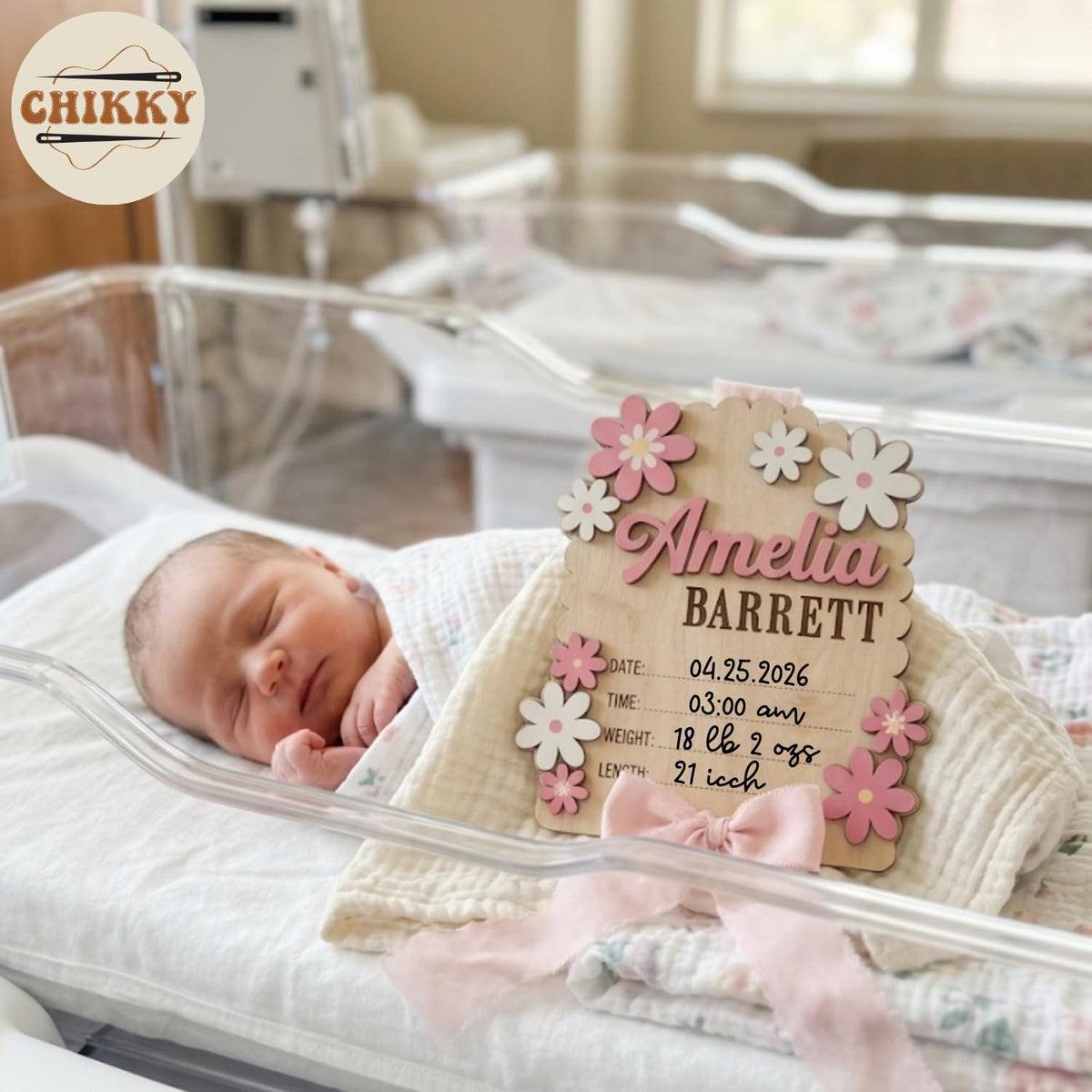 Personalized Wooden Birth Announcement Sign — 1 - flowers — image 3