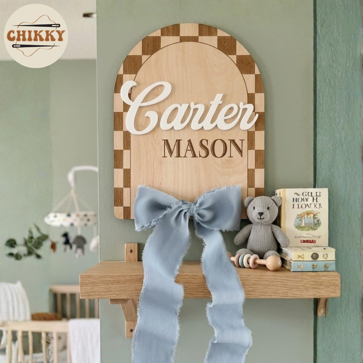 Personalized Wooden Birth Announcement Sign — 3 - plaid — image 4