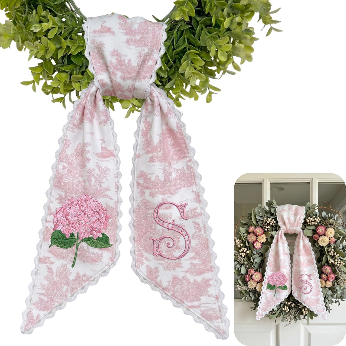 Monogram Personalized Wreath Sash — 4 - Pink Hydrangea