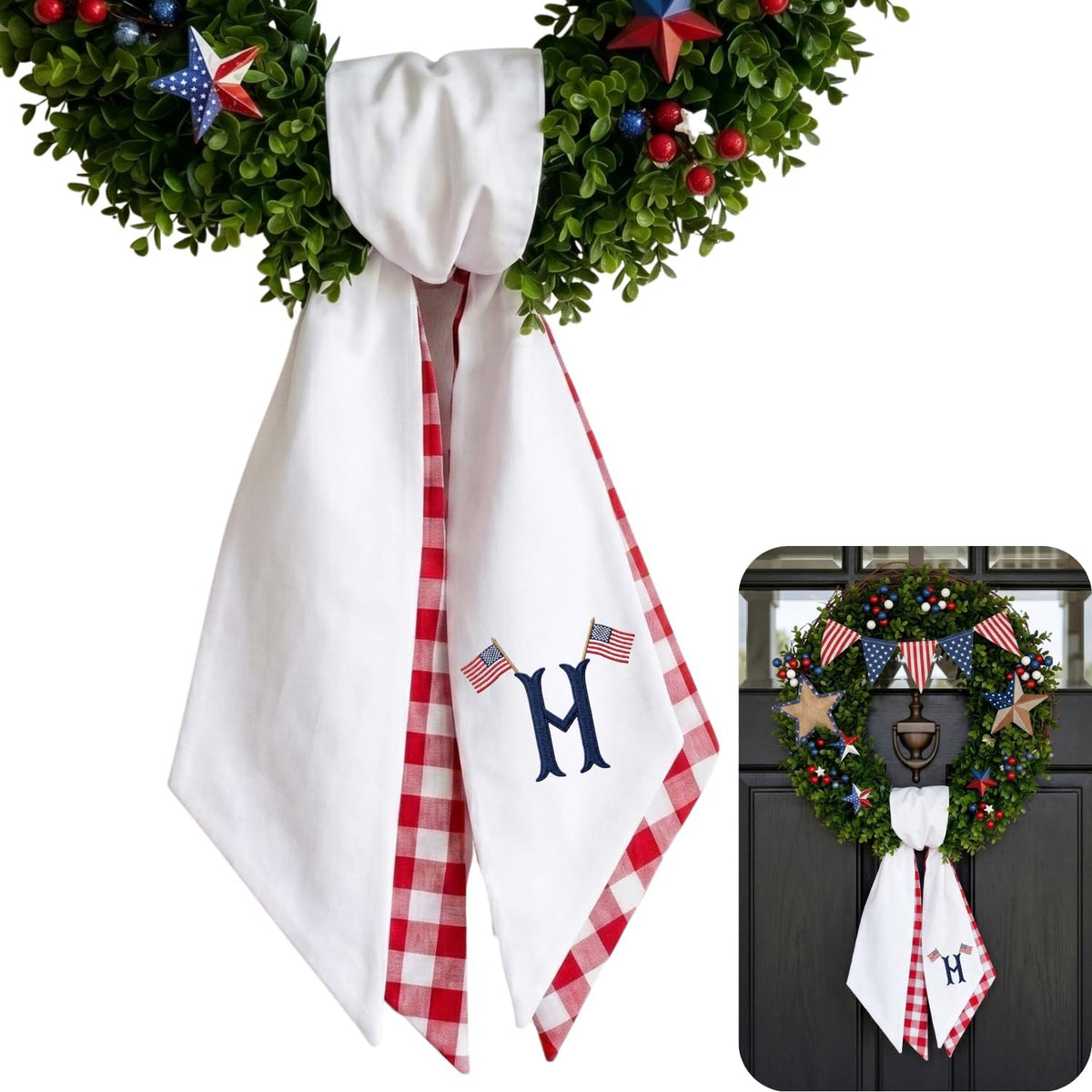 Patriotic Personalized Wreath Sash — 3 - USA Flag Initial