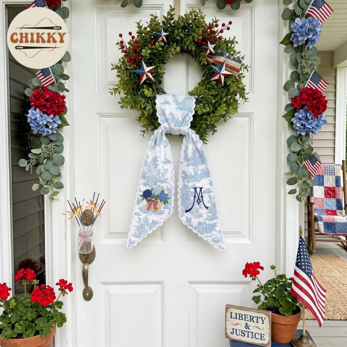 Patriotic Personalized Wreath Sash — 1 - USA Hydrangea Basket — image 3