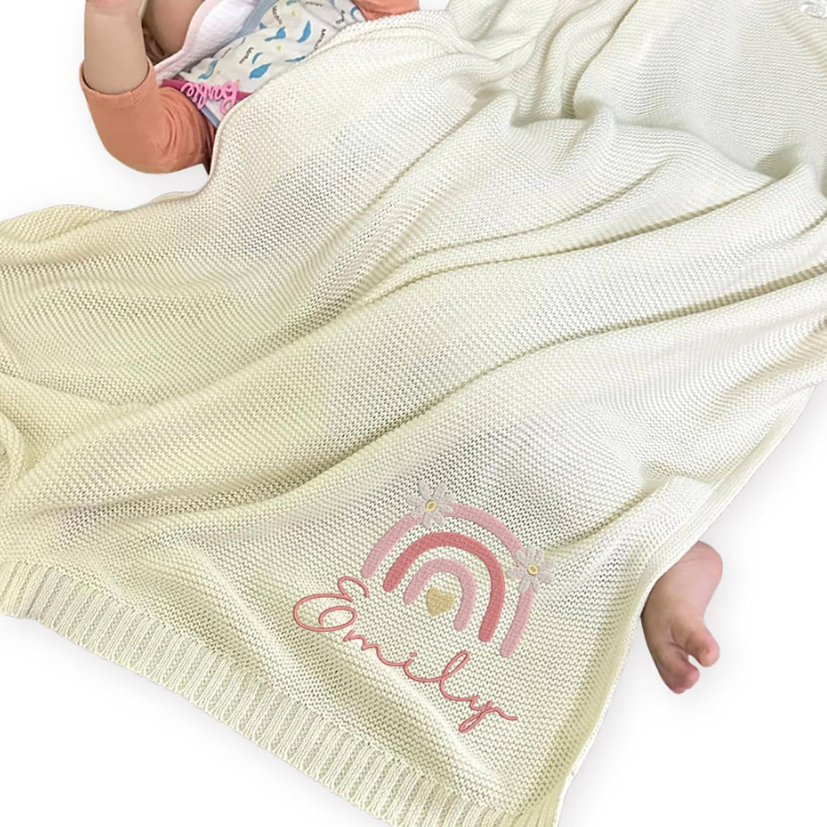 Personalized Knit Baby Blanket — 2 - Rainbow flowers