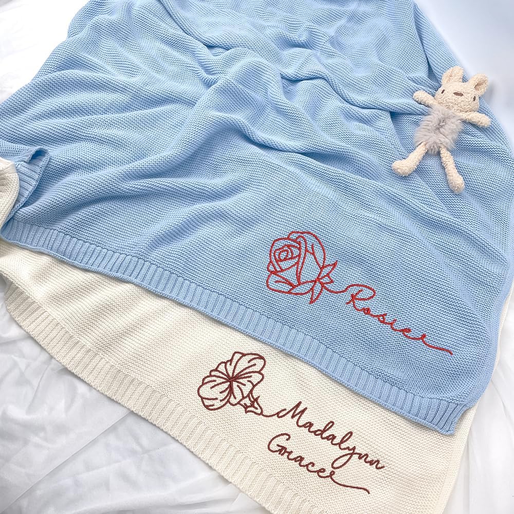 Personalized Knit Baby Blanket — 8 - Month flowers — image 2