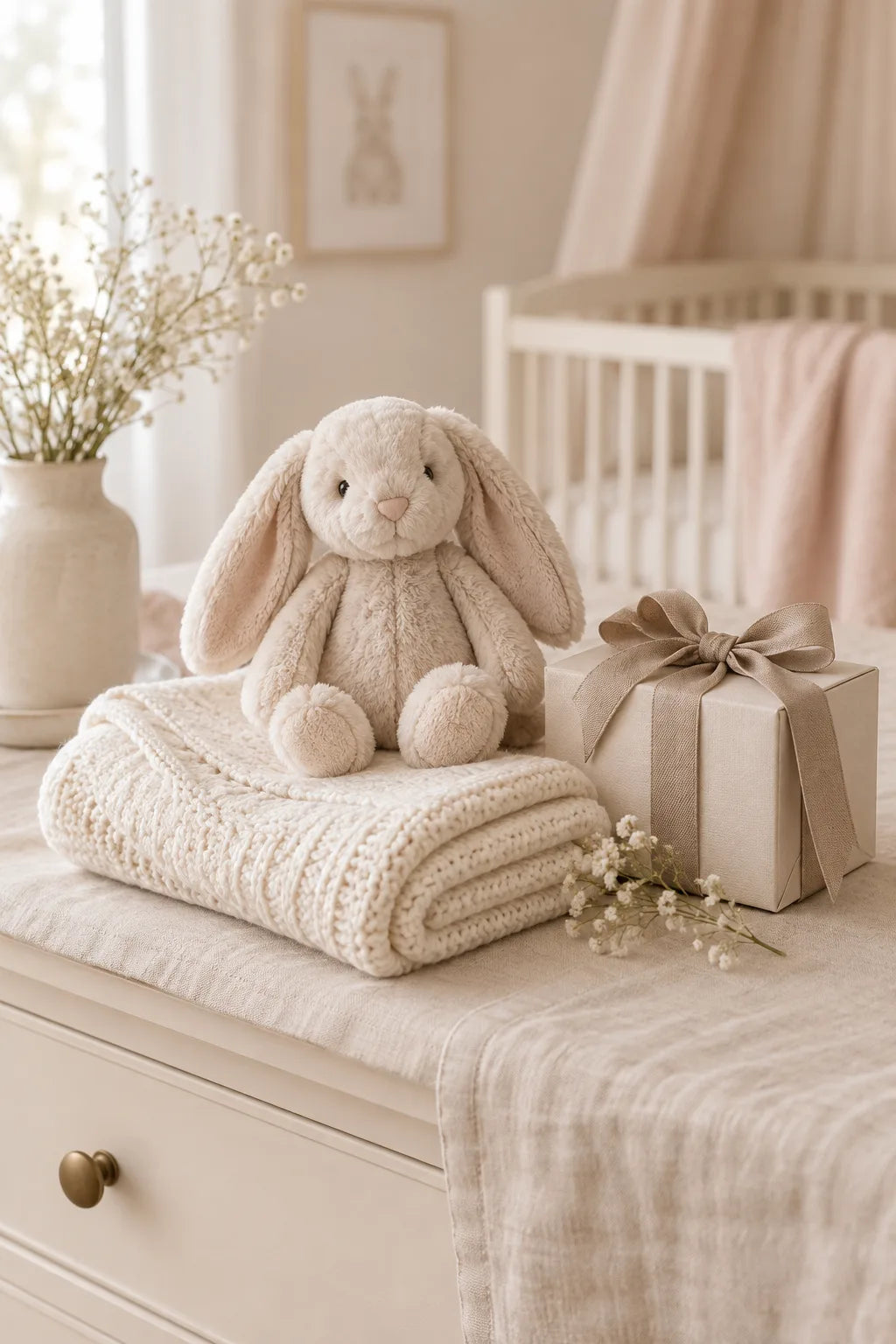 A soft neutral baby gifting scene