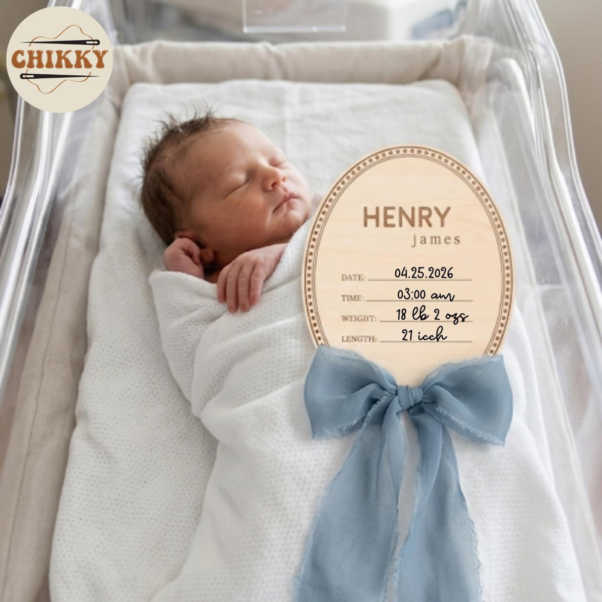 Personalized Wooden Birth Announcement Sign — 7 - oval name — image 3