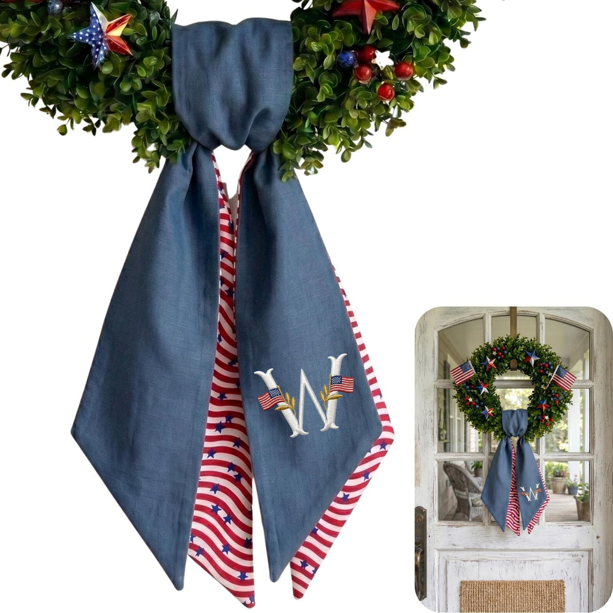 Patriotic Personalized Wreath Sash — 4 - USA Flag Initial