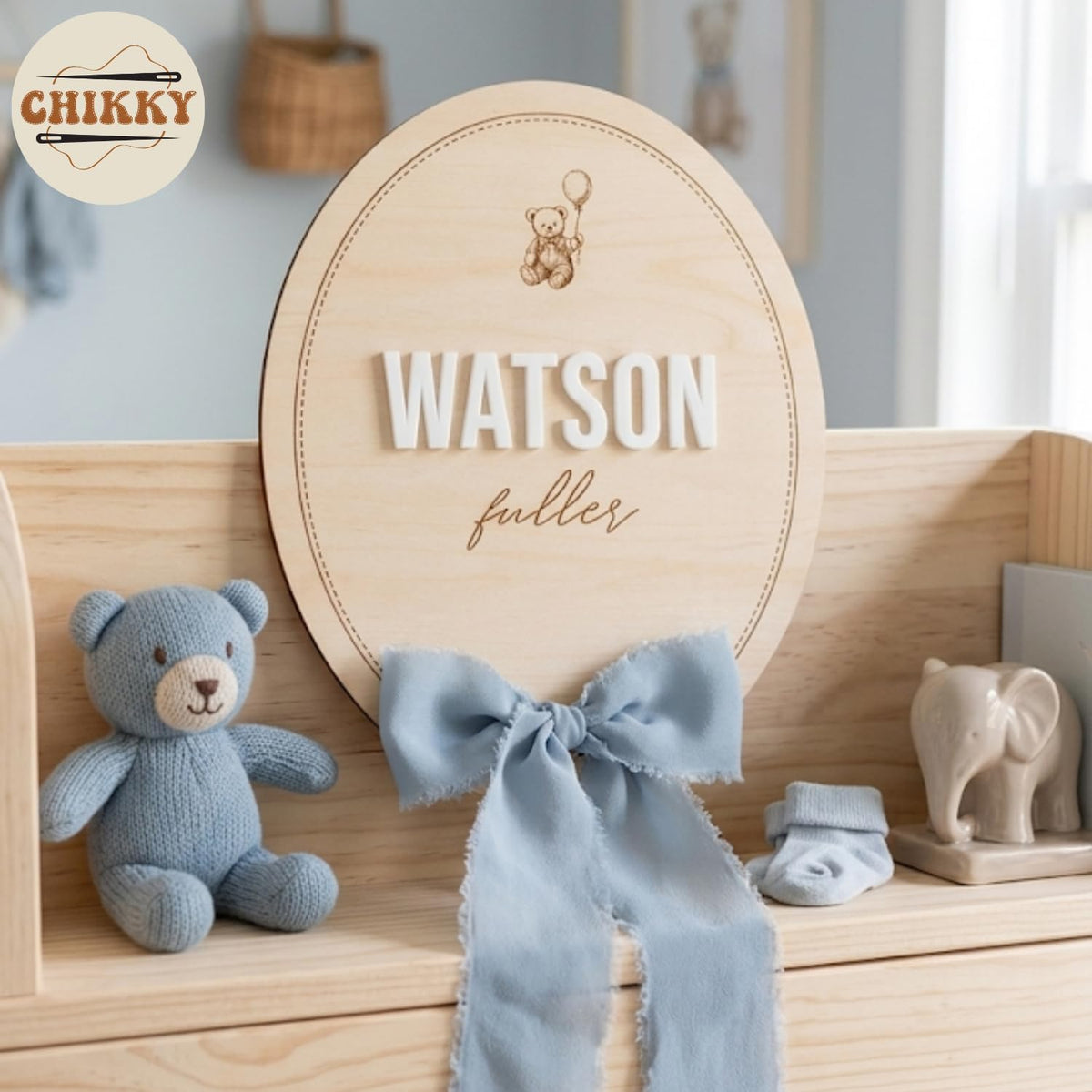 Personalized Wooden Birth Announcement Sign — 6 - oval bear — image 4