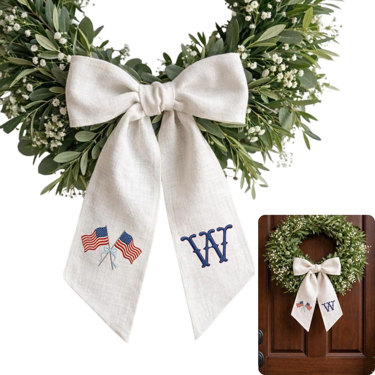 Patriotic Personalized Wreath Sash — 1 - American Flag & Initial