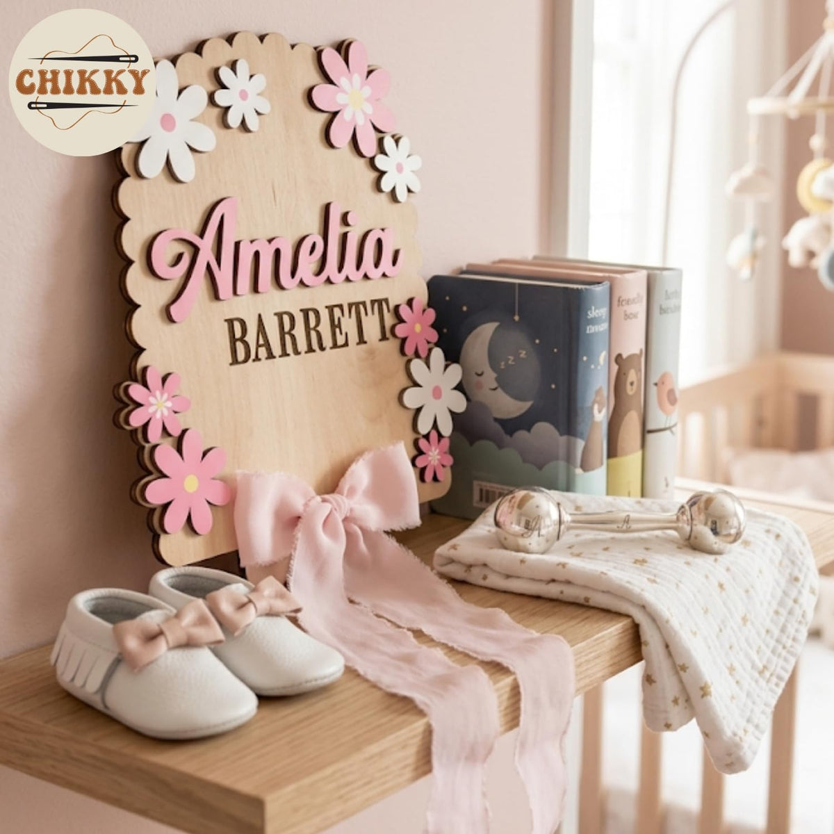 Personalized Wooden Birth Announcement Sign — 1 - flowers — image 4