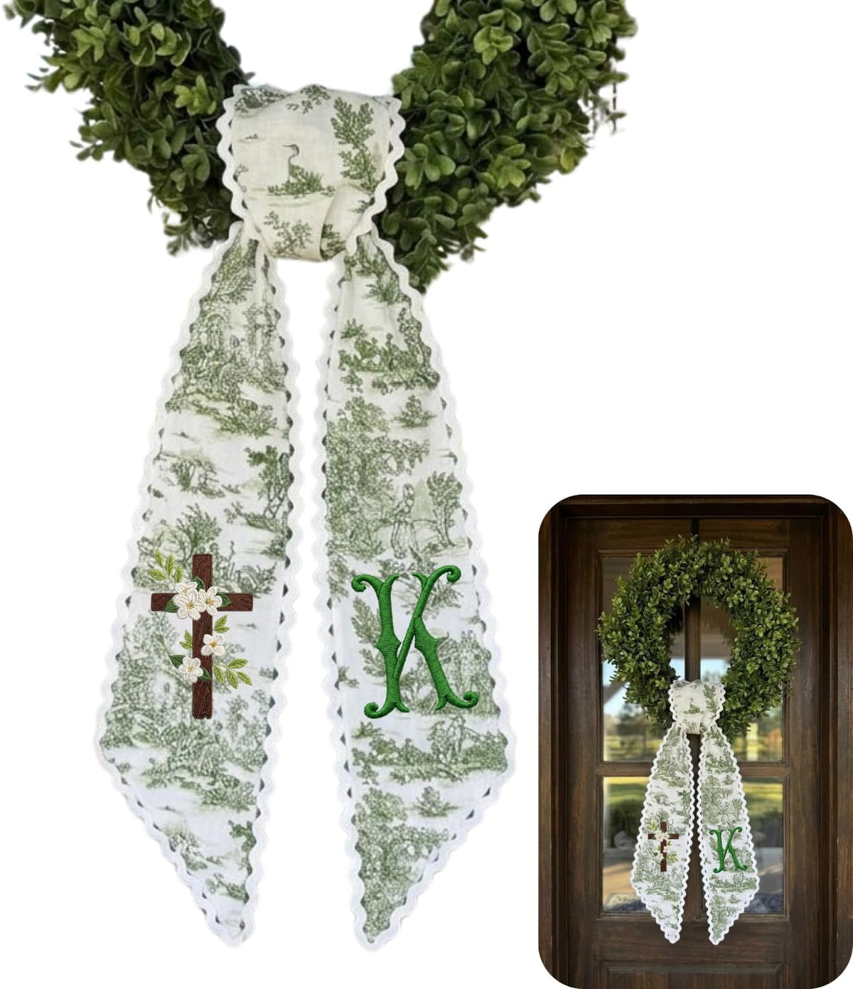 Monogram Personalized Wreath Sash — 5 - Flowers Cross