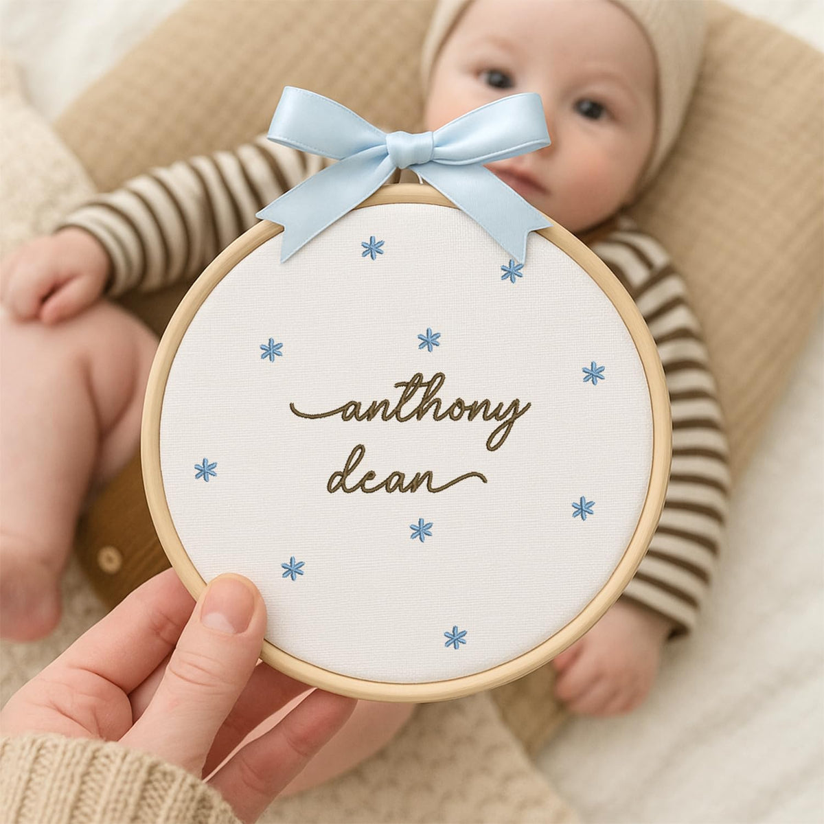 Personalized Newborn Name Embroidery Hoop — Bow — image 5