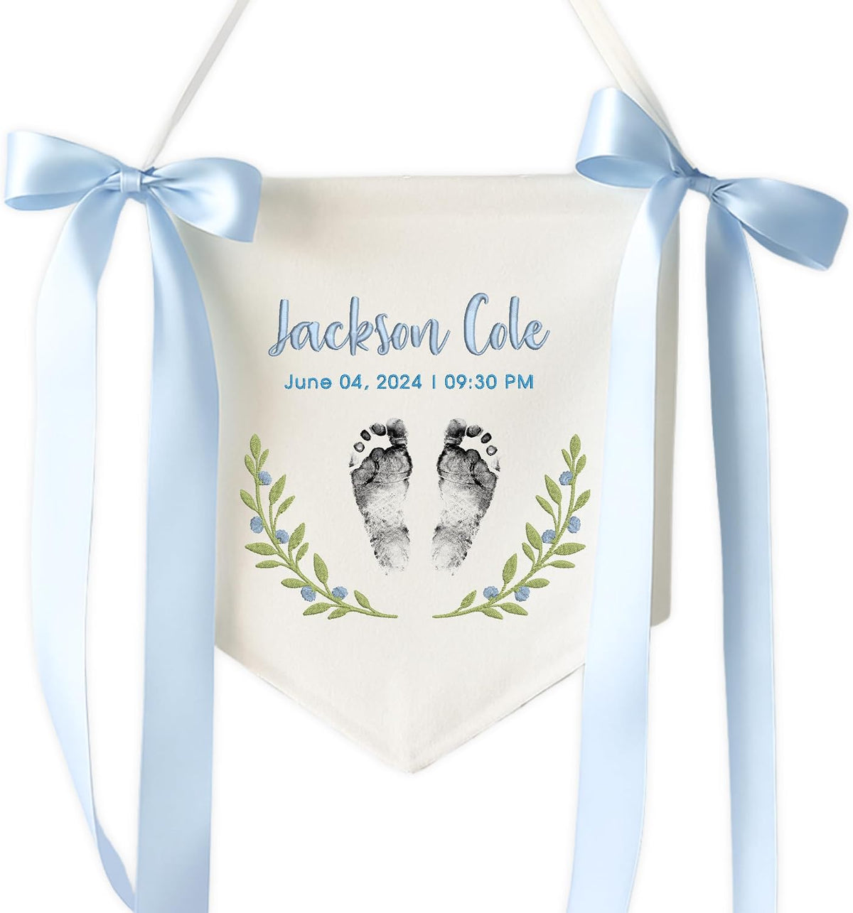Personalized Embroidered Baby Name Banner — 6 - footprint birth stat