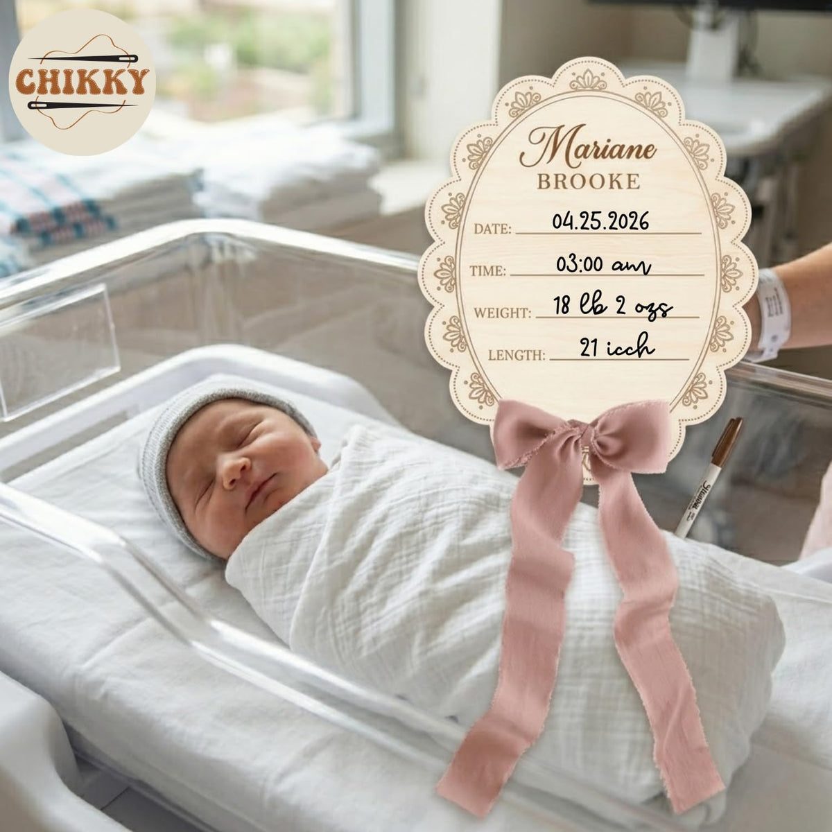 Personalized Wooden Birth Announcement Sign — 4 - scalloped lace — image 3