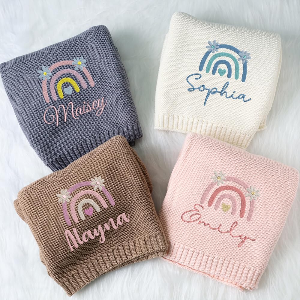 Personalized Knit Baby Blanket — 2 - Rainbow flowers — image 3