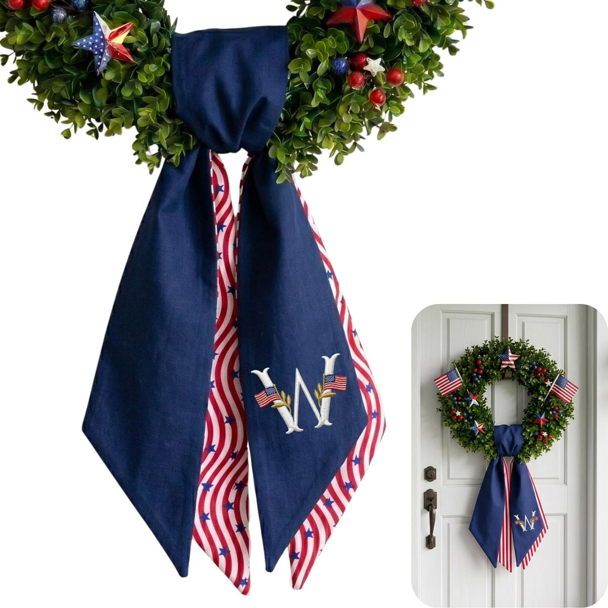 Patriotic Personalized Wreath Sash — 3 - monogram USA flag