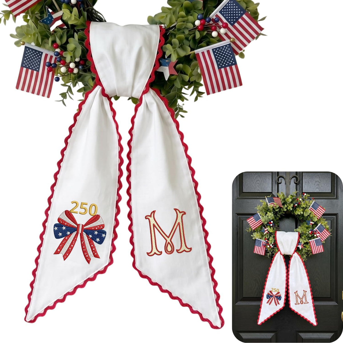 Patriotic Personalized Wreath Sash — 5 - Bow American Flag