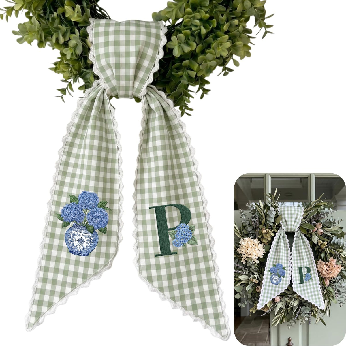 Monogram Personalized Wreath Sash — 2 - Blue Hydrangea