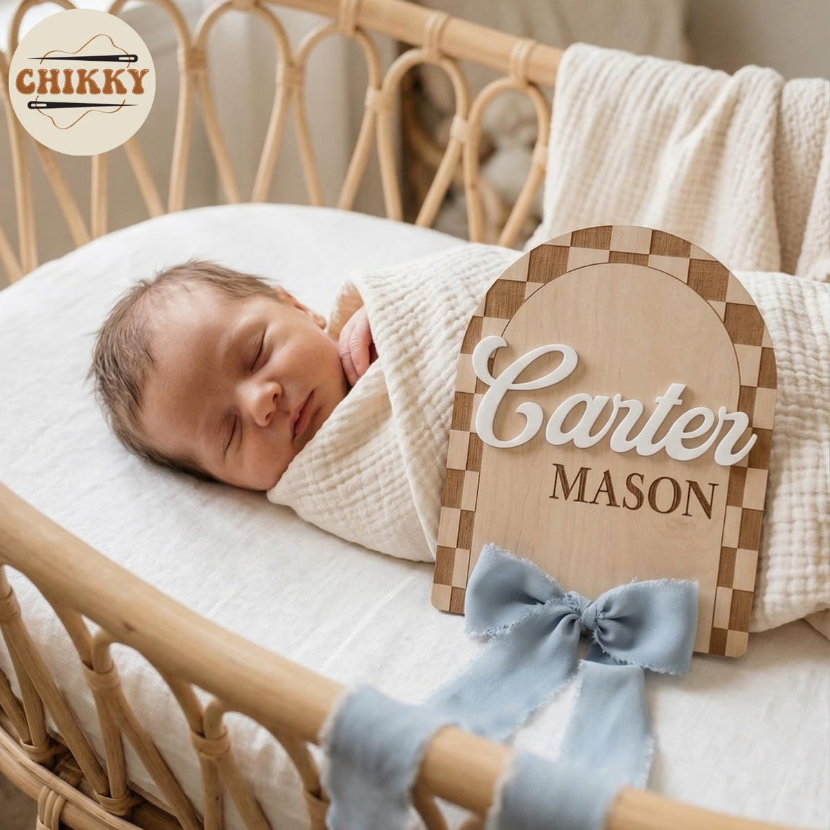 Personalized Wooden Birth Announcement Sign — 3 - plaid — image 2