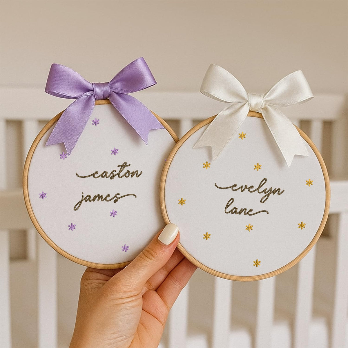 Personalized Newborn Name Embroidery Hoop — Bow — image 3
