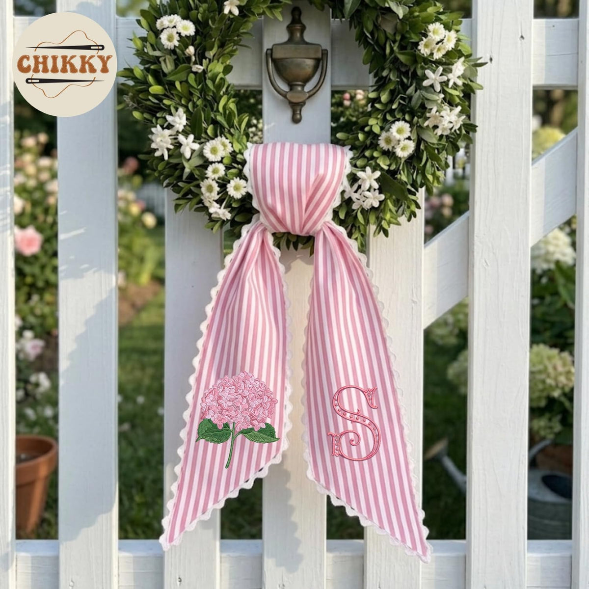 Monogram Personalized Wreath Sash — 4 - Pink Hydrangea — image 5