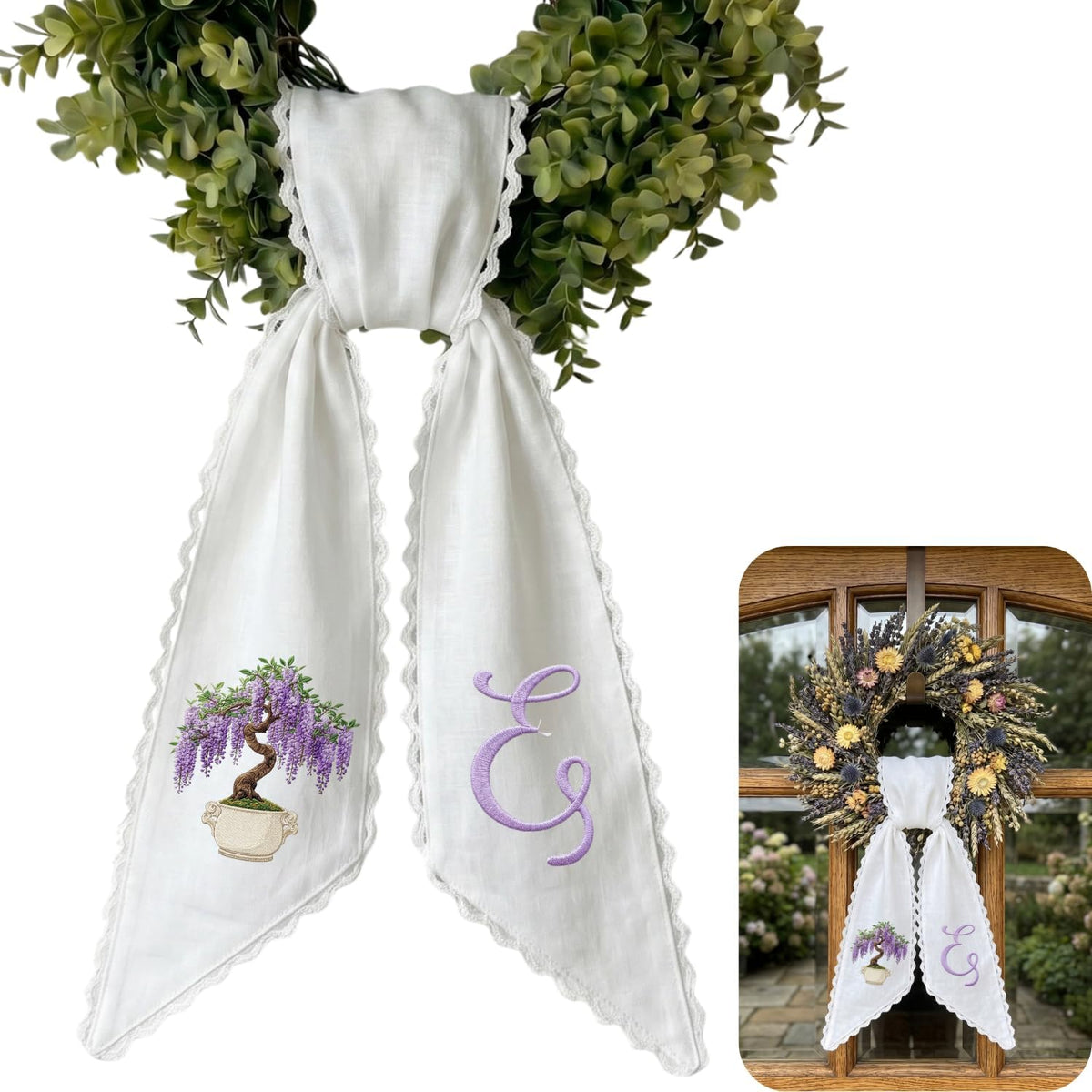 Monogram Personalized Wreath Sash — 2 - Lavender Bonsai