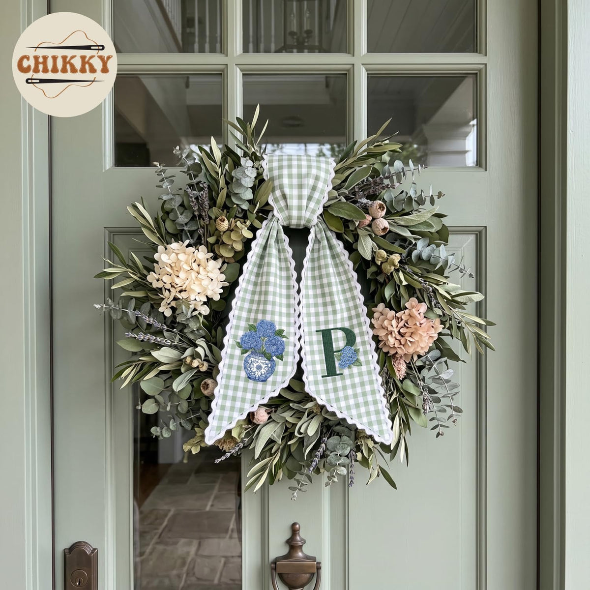 Monogram Personalized Wreath Sash — 2 - Blue Hydrangea — image 3
