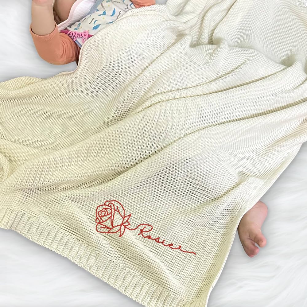 Personalized Knit Baby Blanket — 8 - Month flowers — image 4