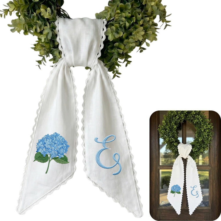 Monogram Personalized Wreath Sash — 9 - Blue hygrangea