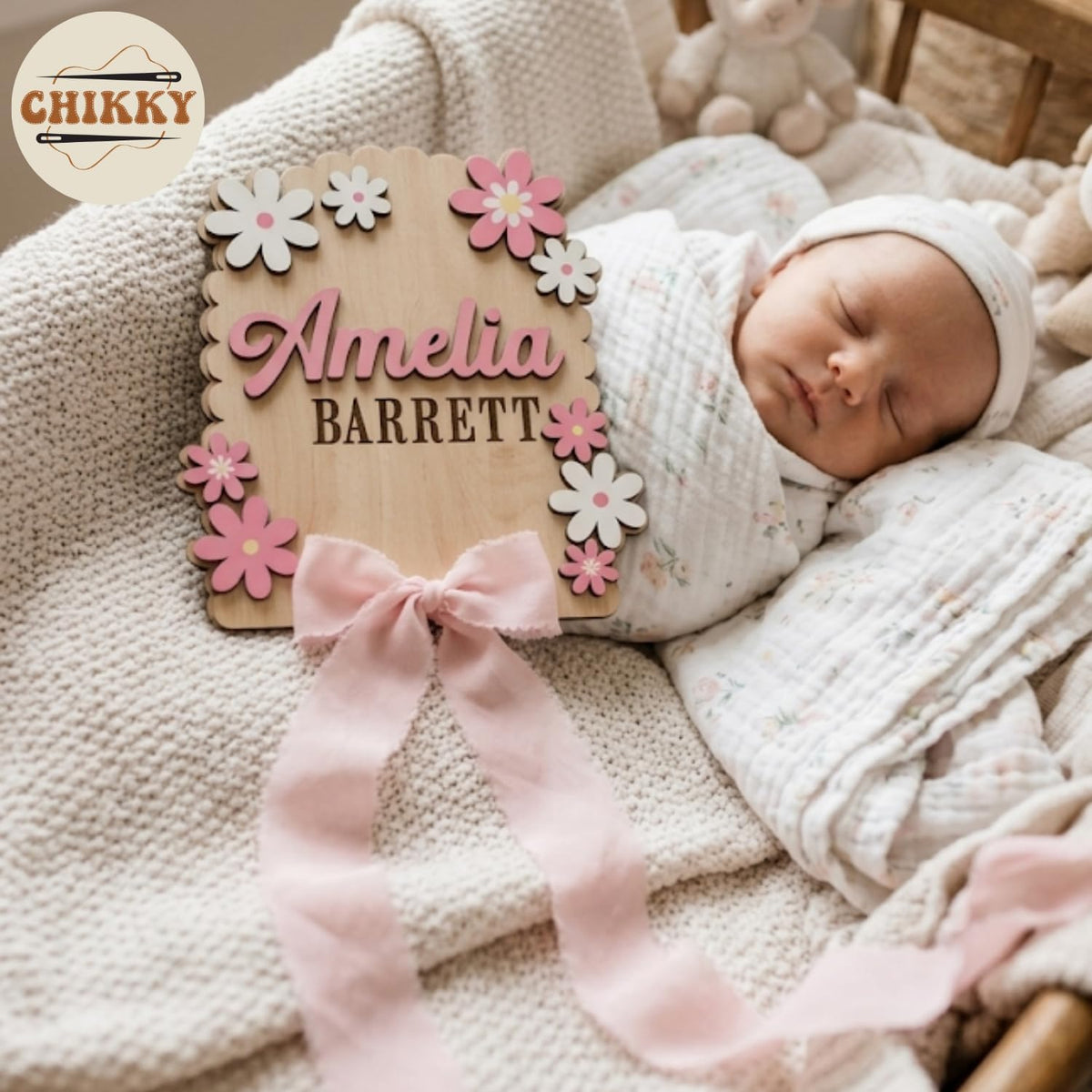 Personalized Wooden Birth Announcement Sign — 1 - flowers — image 2