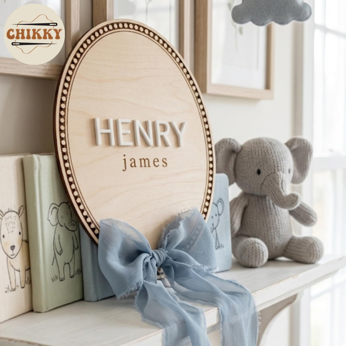 Personalized Wooden Birth Announcement Sign — 7 - oval name — image 4
