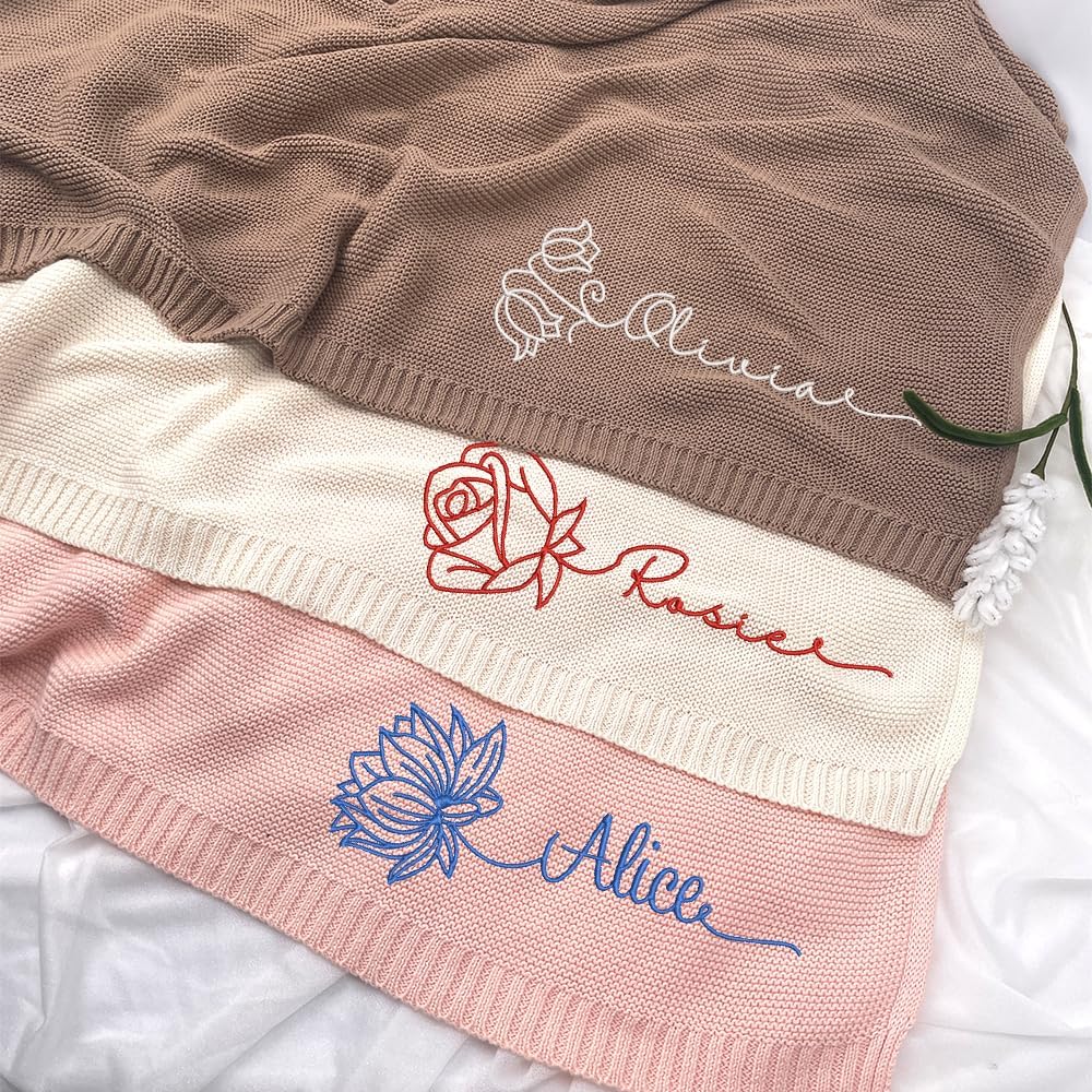 Personalized Knit Baby Blanket — 8 - Month flowers — image 3