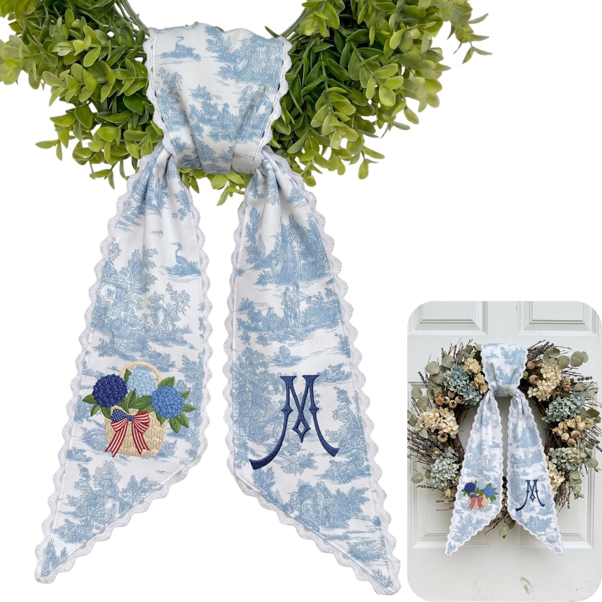 Patriotic Personalized Wreath Sash — 1 - USA Hydrangea Basket