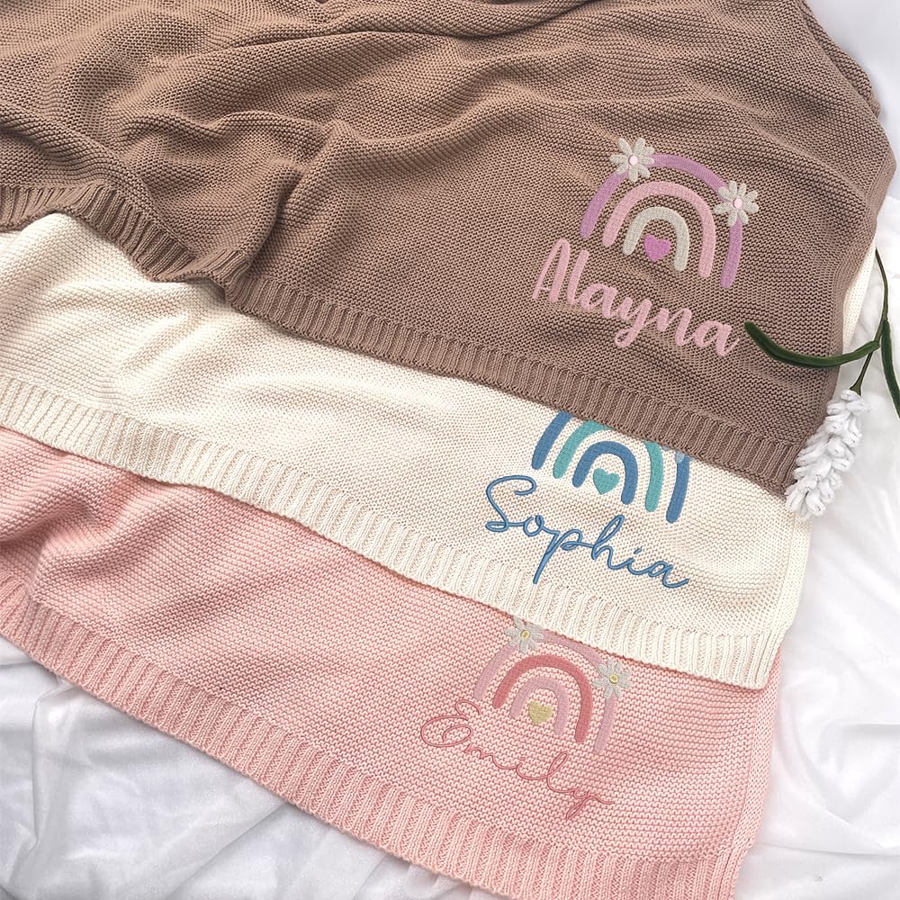 Personalized Knit Baby Blanket — 2 - Rainbow flowers — image 4