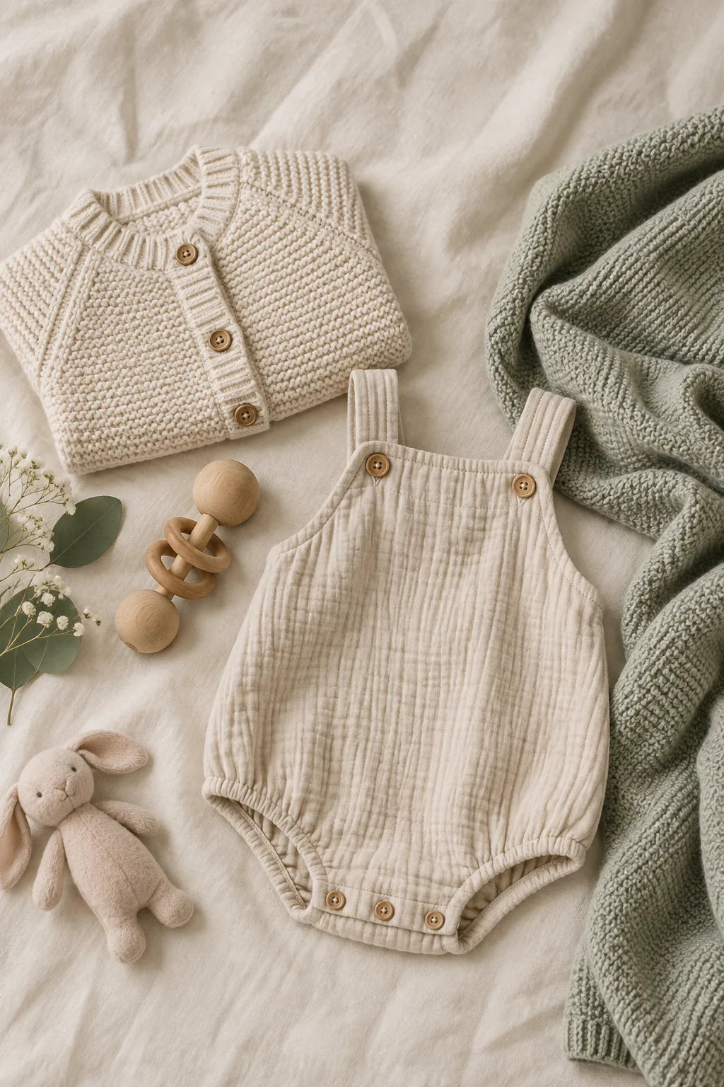 A neutral baby essentials flat lay