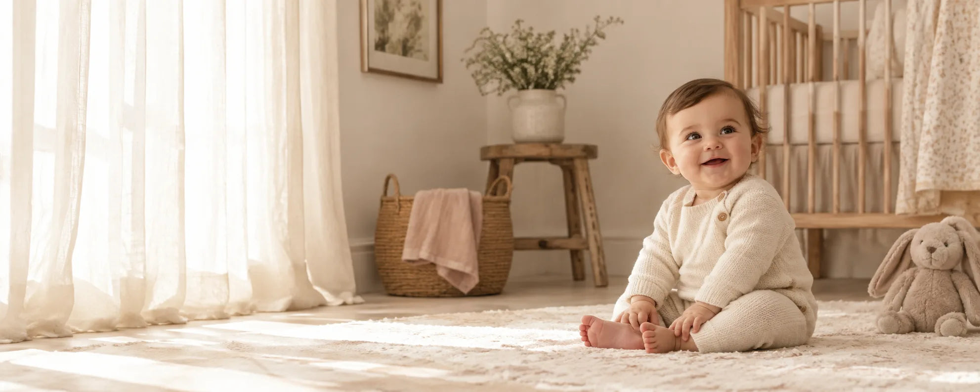 A calm nursery scene with a baby in soft neutral knitwear